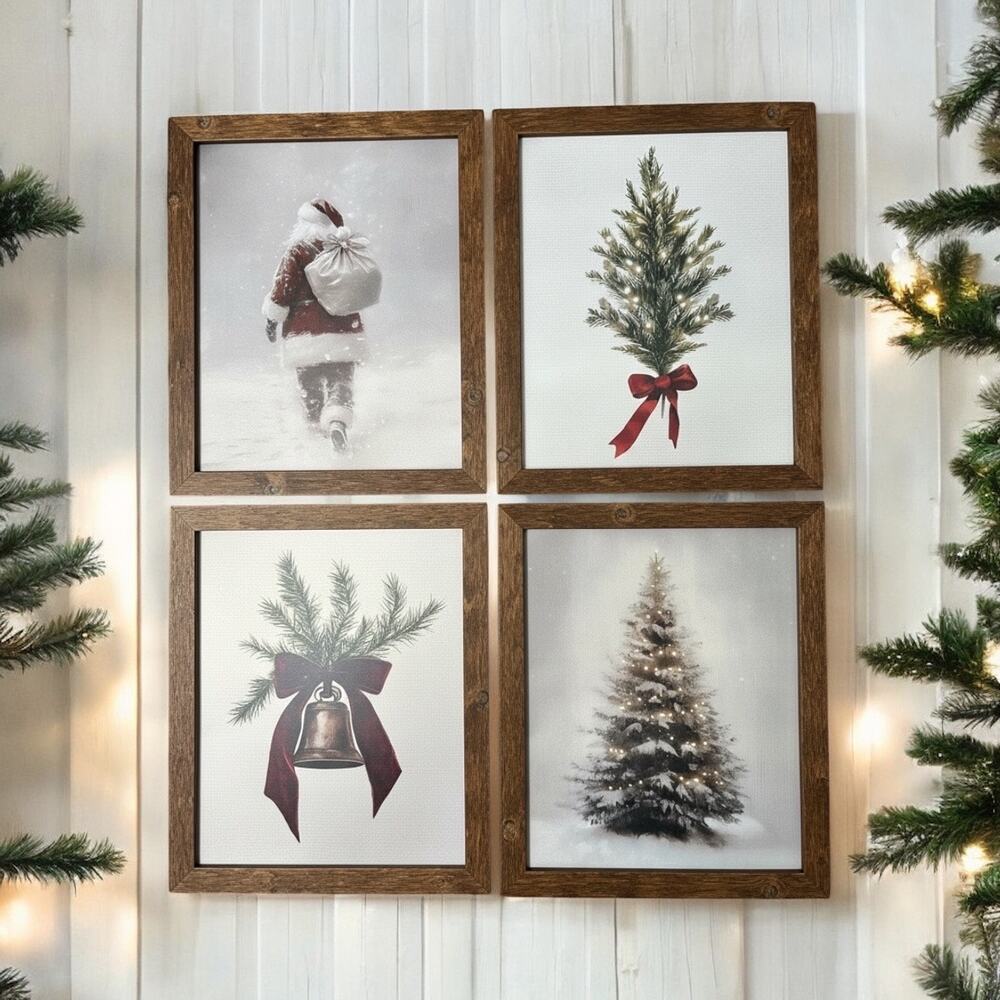 Set of 4 Vintage Rustic Farmhouse Christmas Wall Art Prints 10x8 – Unframed